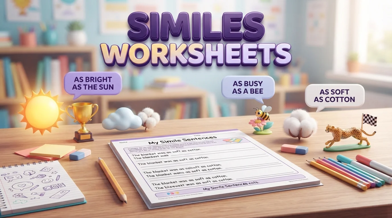 Students practicing similes with colorful classroom worksheets showing comparisons, examples, and creative writing exercises.